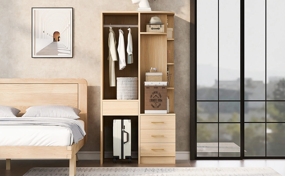 Scaffale guardaroba moderno con appendiabiti ripiani a più livelli e cassetti in MDF color legno 70 × 55 × 175 cm