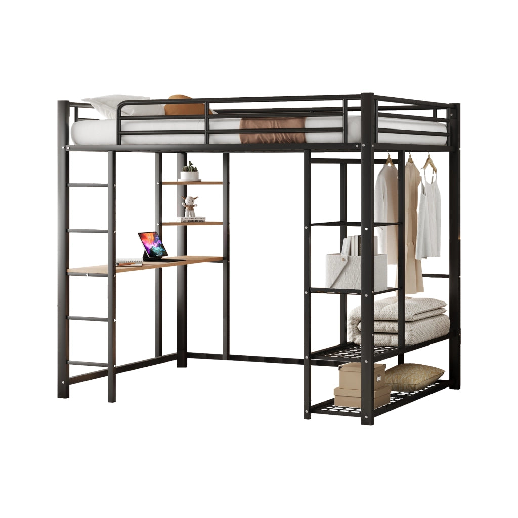 OKWISH Letto a soppalco 140×200 cm, Letto Matrimoniale con Scrivania, Mensole e Appendiabiti, senza Materasso, in Metallo, Nero