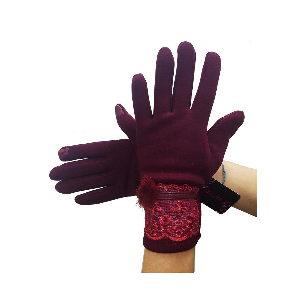 Trade Shop - Guanti Tessuto Cotone Donna Bordeaux Pon Pon Pizzo Taglia 8 1/2 Gloves Fodera -