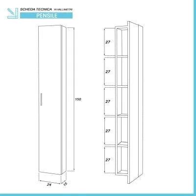 Pensile bagno sospeso150 H bianco con maniglia cromata  Martha