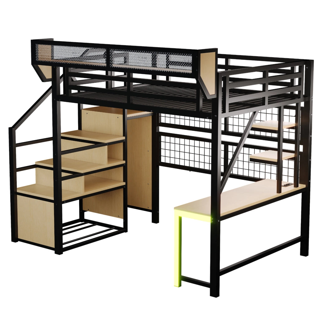 Letto a soppalco in metallo 140x200 cm con scrivania; ripiani; LED e prese; nero