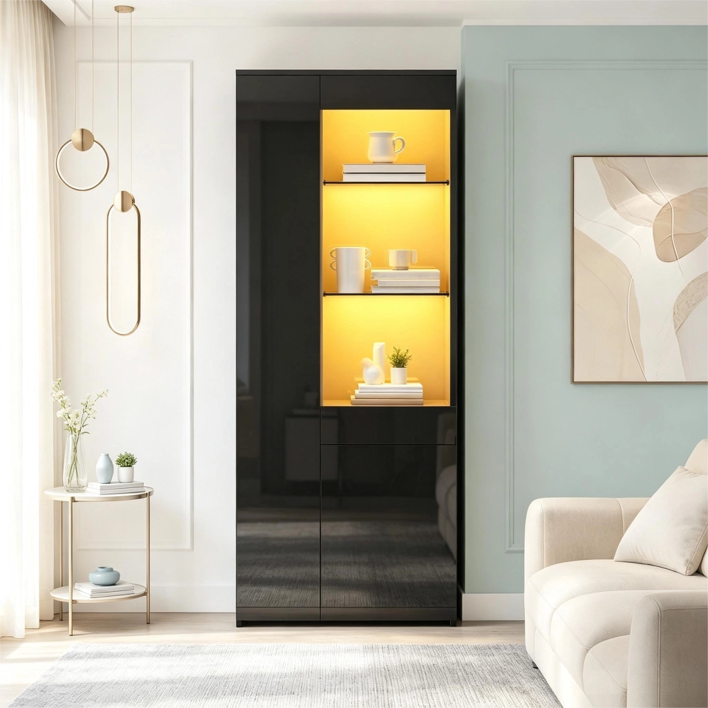 Vetrina con 1 cassetto 2 ante e vani aperti LED controllati da app per soggiorno in truciolare nero 70 × 35 × 180 cm