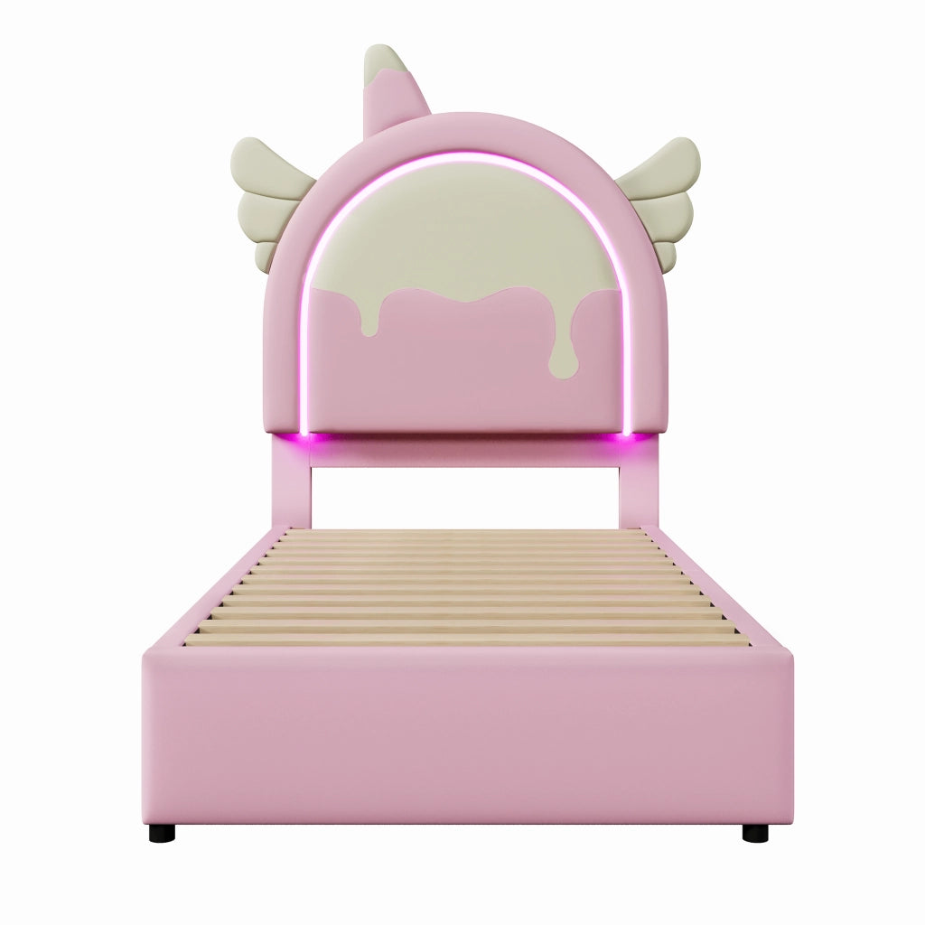 Letto singolo Unicorn 90x200cm con striscia luminosa e 2 cassetti in PU rosa