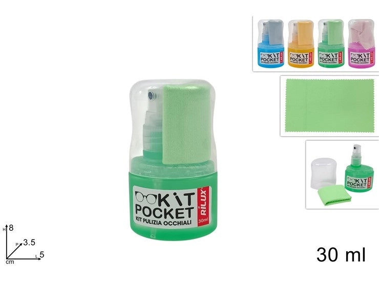 1 Pezzo Kit Pulizia Occhiali con Spray e Salvietta Pick Poket 30 cm Vari Colori