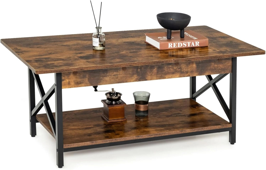 Tavolino da Salotto 2 Livelli, Tavolino da Caffè Industriale con Struttura in Metallo a Forma di X, Tavolino Rettangolare per Soggiorno, Studio e Ufficio, 60 x 110 x 48 cm (Nero)