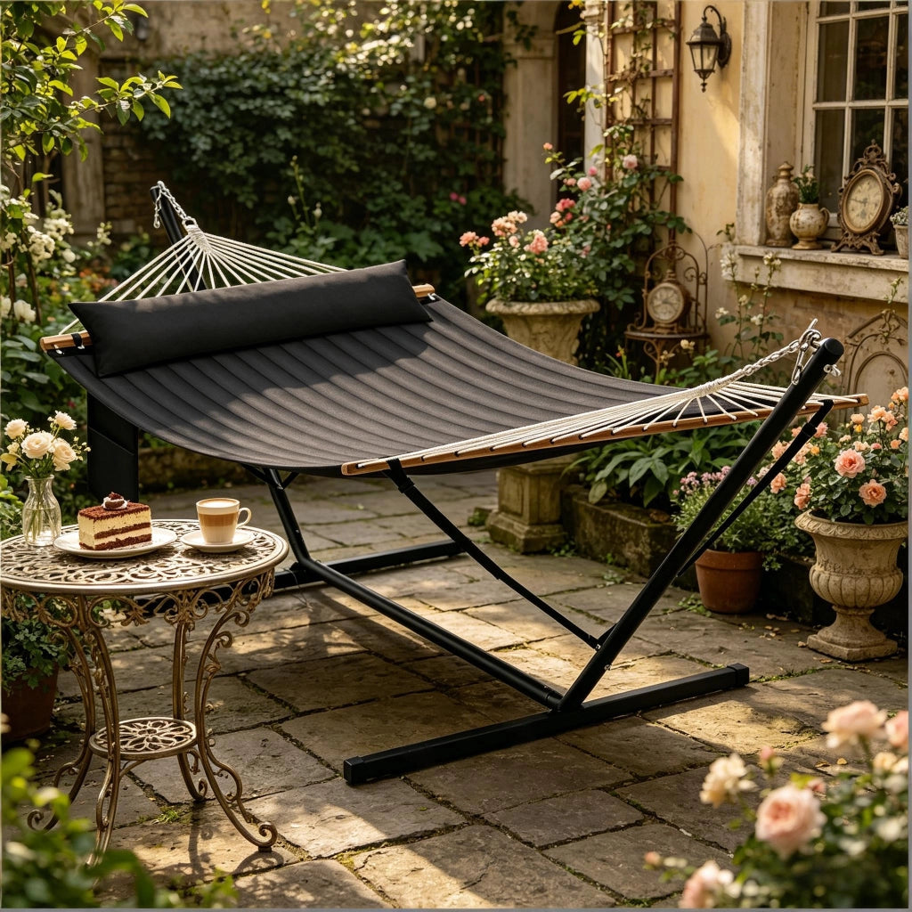 Amaca doppia con supporto in metallo antracite 200x140 cm da interno ed esterno con cuscino e tasca laterale