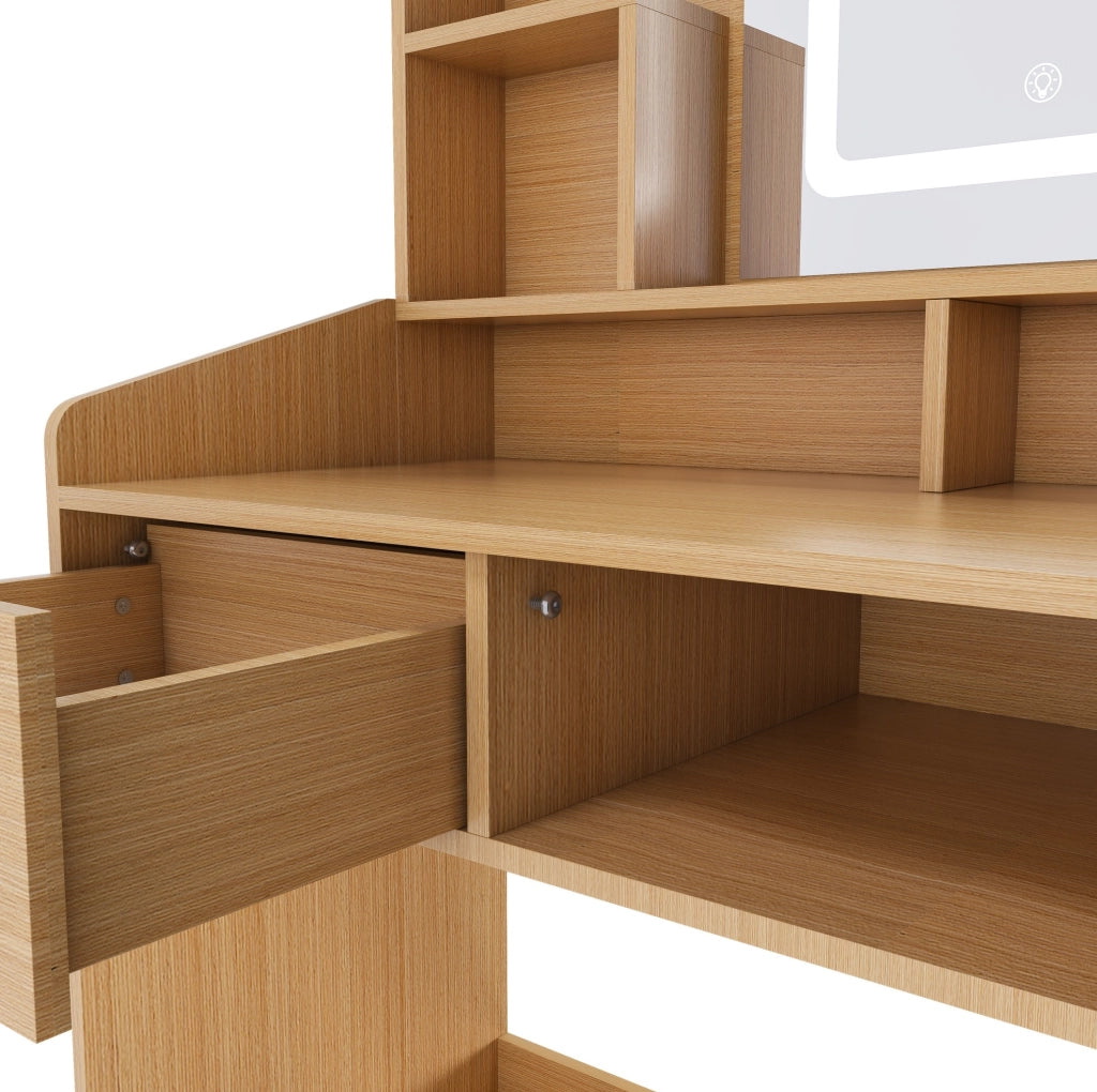 Toeletta con specchio LED regolabile; 2 cassetti; presa integrata e sgabello imbottito; 60x36x130 cm; legno naturale