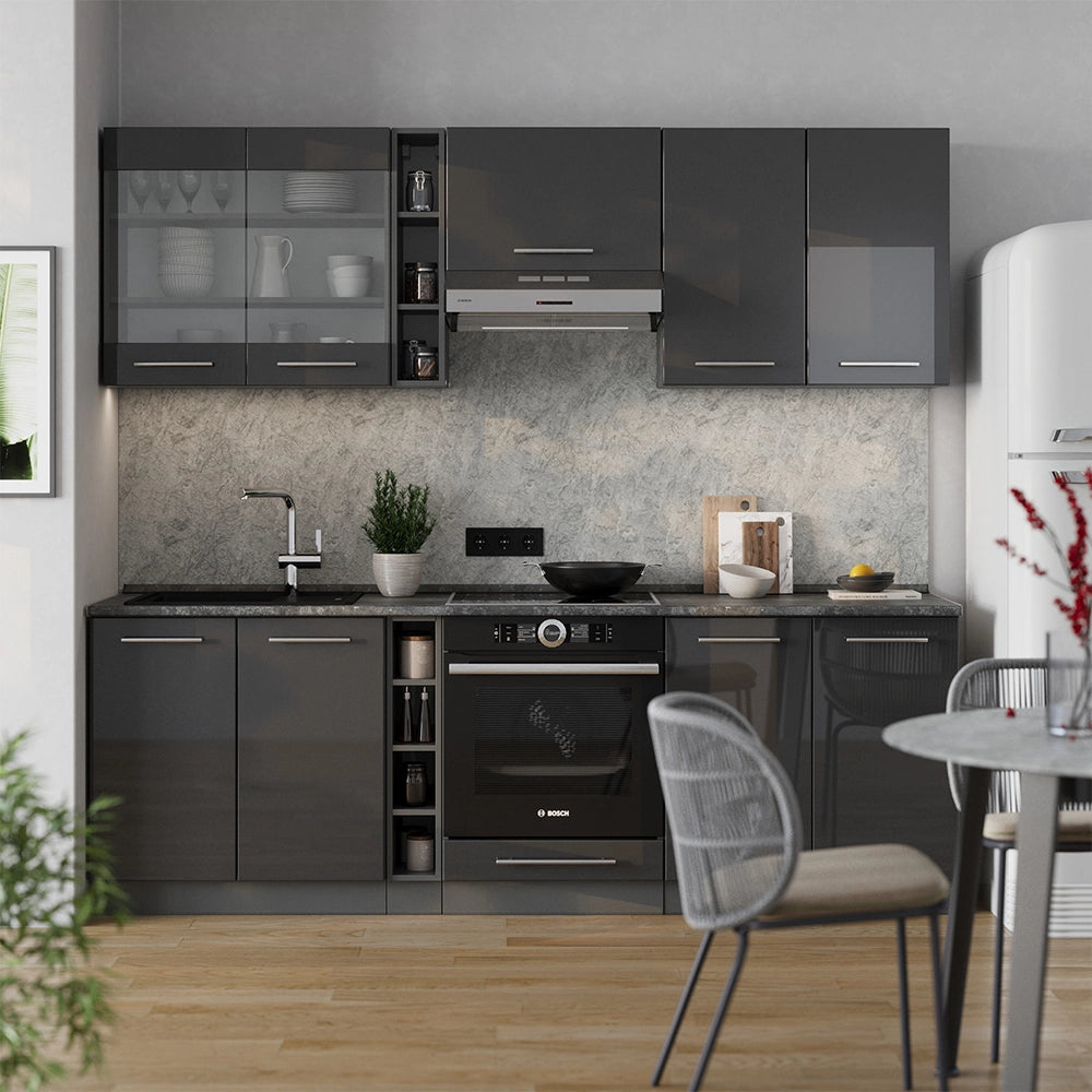 Cucina componibile Fame-Line Antracite lucido/Antracite 235 cm, PL Rovere Vicco