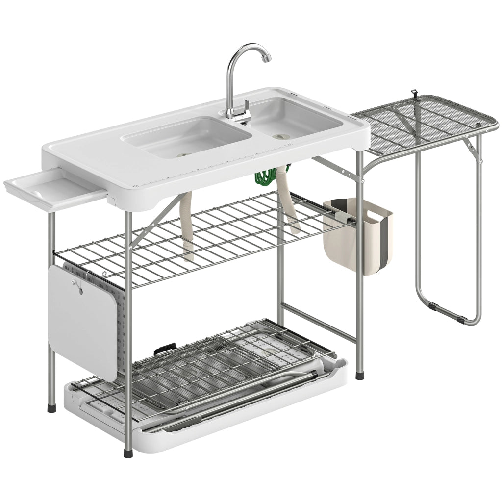Tavolo da Pescato Pieghevole Portatile con 2 Lavelli ¨C zephmum ¨C Bianco 120x60x90