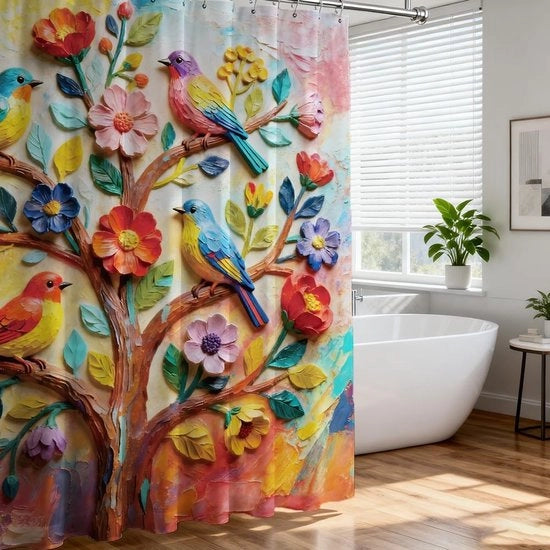 Set di Douchegordini a 3D fiori colorati con chiodi per la doccia, 12 piante, uccelli e natura, per la camera da bagno, hotel, impermeabile, 72 x 72 pollici, 1st.