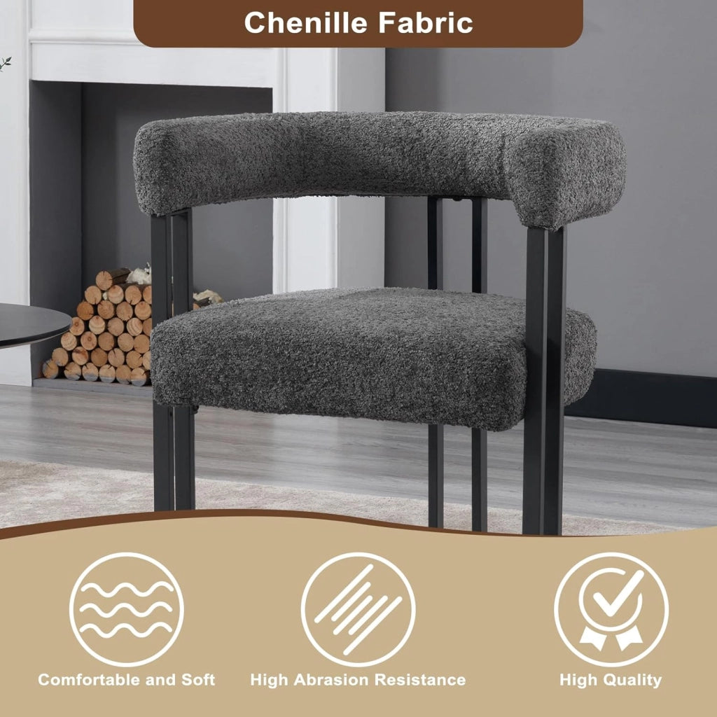 Set 2 Sedie Sala da Pranzo, Sedie da Cucina con Braccioli, Sedia da Pranzo con Gambe in Metallo, Sedia Imbottita per Camera da Letto, Soggiorno, Seduta in Ciniglia, Grigio Scuro, EZS25dgr-2