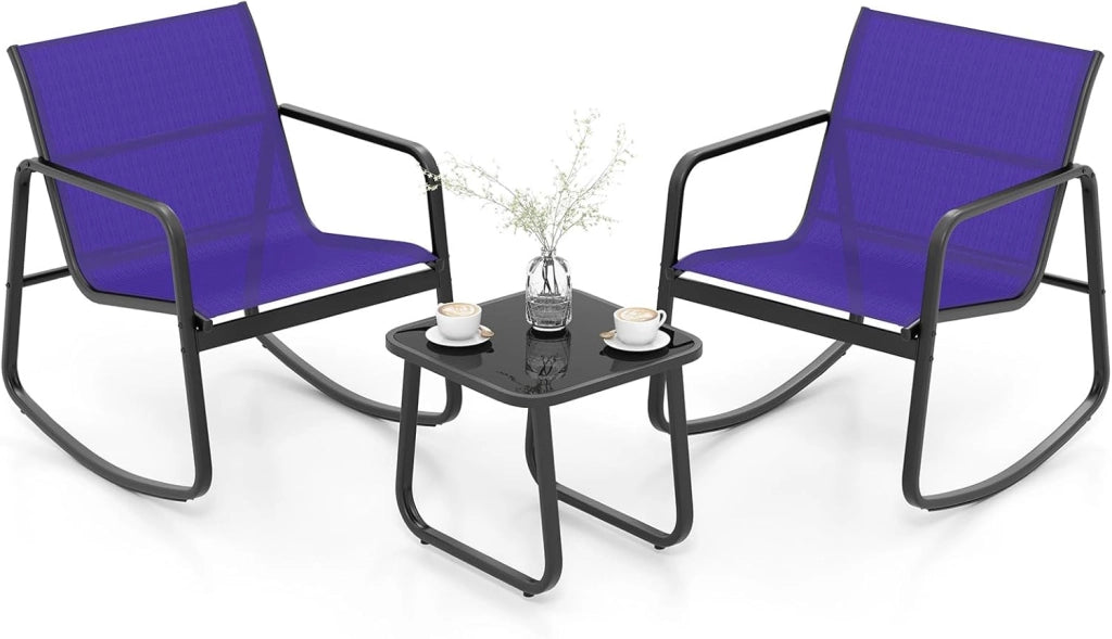 Set da Giardino per 2 Sedie a Dondolo con Tavolino in Vetro, Tessuto Traspirante e Gambe Regolabili, Ideale per Balcone, 3 Colori (Nero)