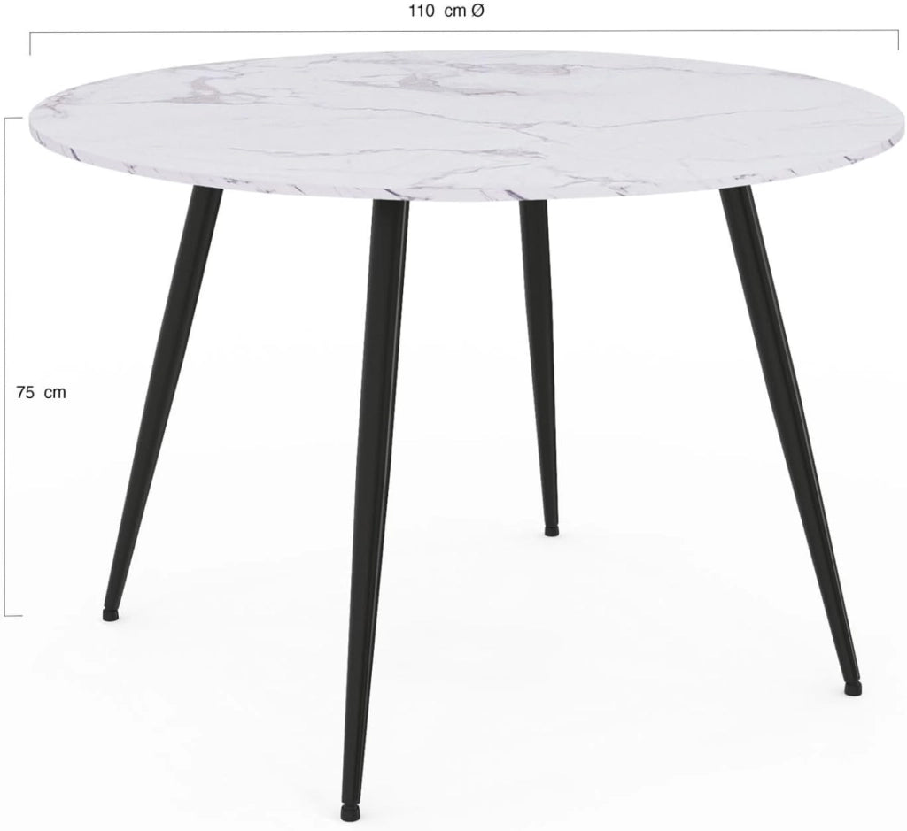 Tavolo da pranzo rotondo per 4 persone AMELIA con gambe in metallo nero effetto marmo bianco ALASKA 110 cm