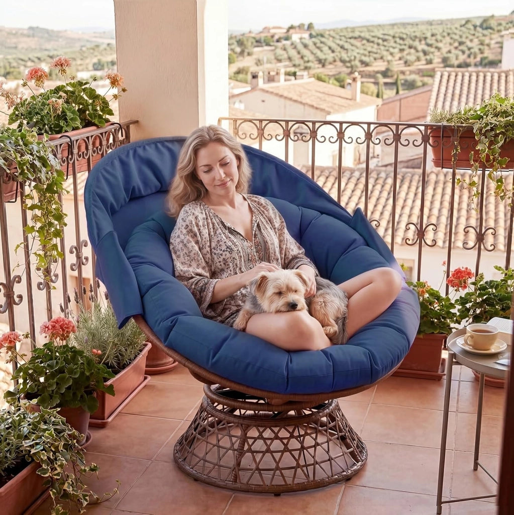 Poltrona da papasan, comoda poltrona girevole con cuscino rotondo, comoda poltrona in rattan, girevole, in vimini, per soggiorno, angolo lettura, lounge – blu