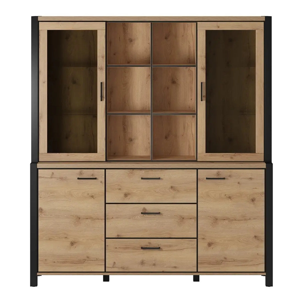 Set buffet e credenza con illuminazione LED collezione TIVORA. Mobile 4 porte, 3 cassetti. Colore quercia e nero.