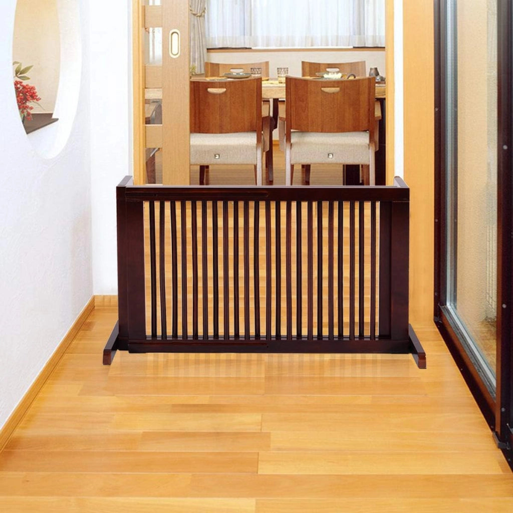 Recinto per Cani da Interno, Cancelletto Regolabile in Legno con Base Larga e 3 Ante, Recinzione per Animali Domesti di Piccola/Media Taglia, 140-203 x 9,5 x 56 cm