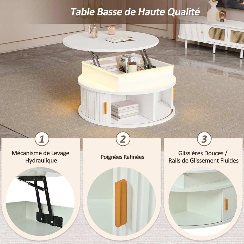 Tavolino da salotto elevabile rotondo con 5 vani e 2 serrande con LED; in MDF bianco lucido; 75×75×52 cm