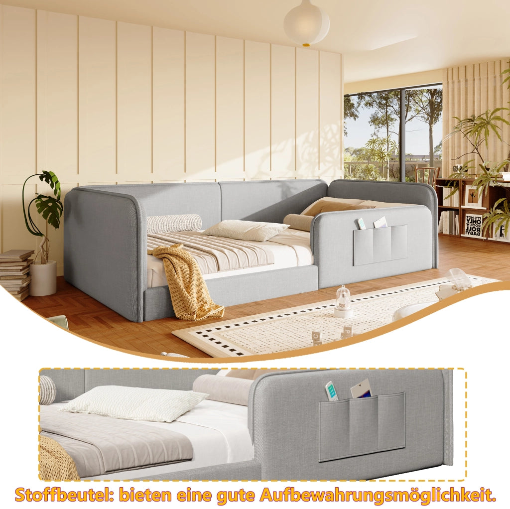 Letto a piattaforma 90x200 cm con rivestimento in lino e tasche laterali; grigio
