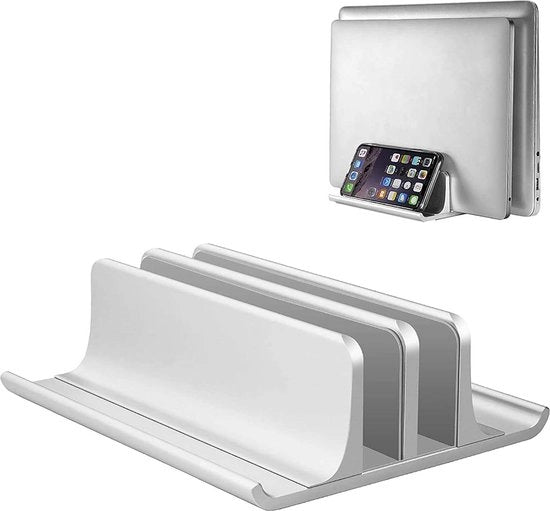 Stand per laptop verticale 4-in-1 flessibile in alluminio con 2 scomparti per MacBook, notebook, iPad - compatibile con laptop fino a 17,3 pollici - colore argento