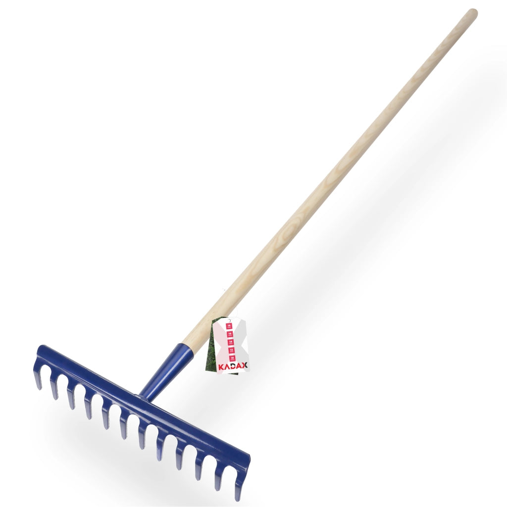 Rastrello da giardino KADAX con manico in legno, 140 cm, in acciaio temprato, a 12 denti