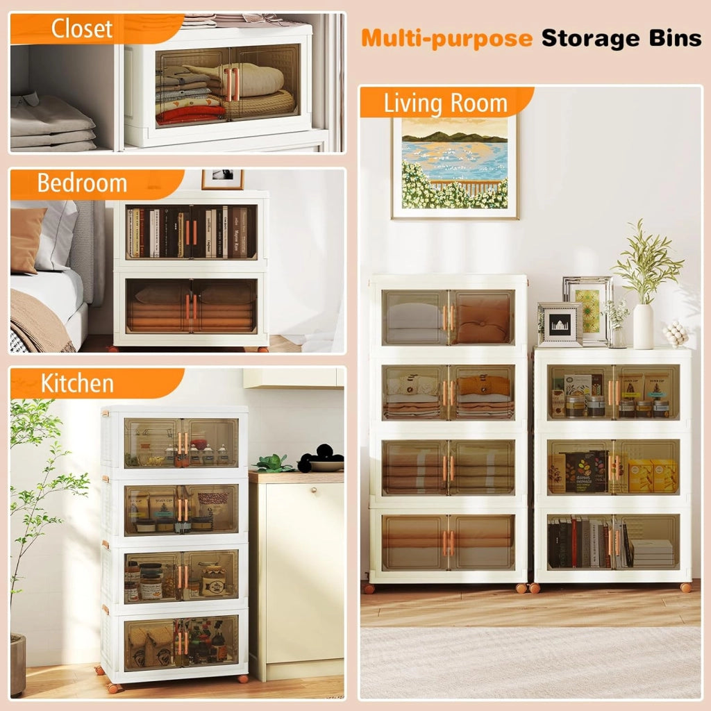 Contenitore Portaoggetti in Plastica Impilabile con Coperchi e Porte, 4 Ruote, per Soggiorno, Camera da Letto, 68,5 x 37,5 x 140 cm, Bianco e Marrone