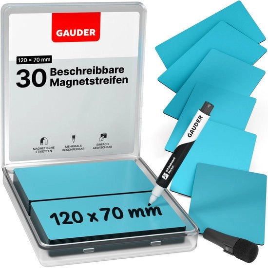 Etichette magnetiche descrivibili - Tavoli magnetici riciclabili per lavagne bianche, lavagne scolastiche, tavole Kanban e frigoriferi - Carte magnetiche con pennarelli (30 pezzi - 120 x 70 mm)