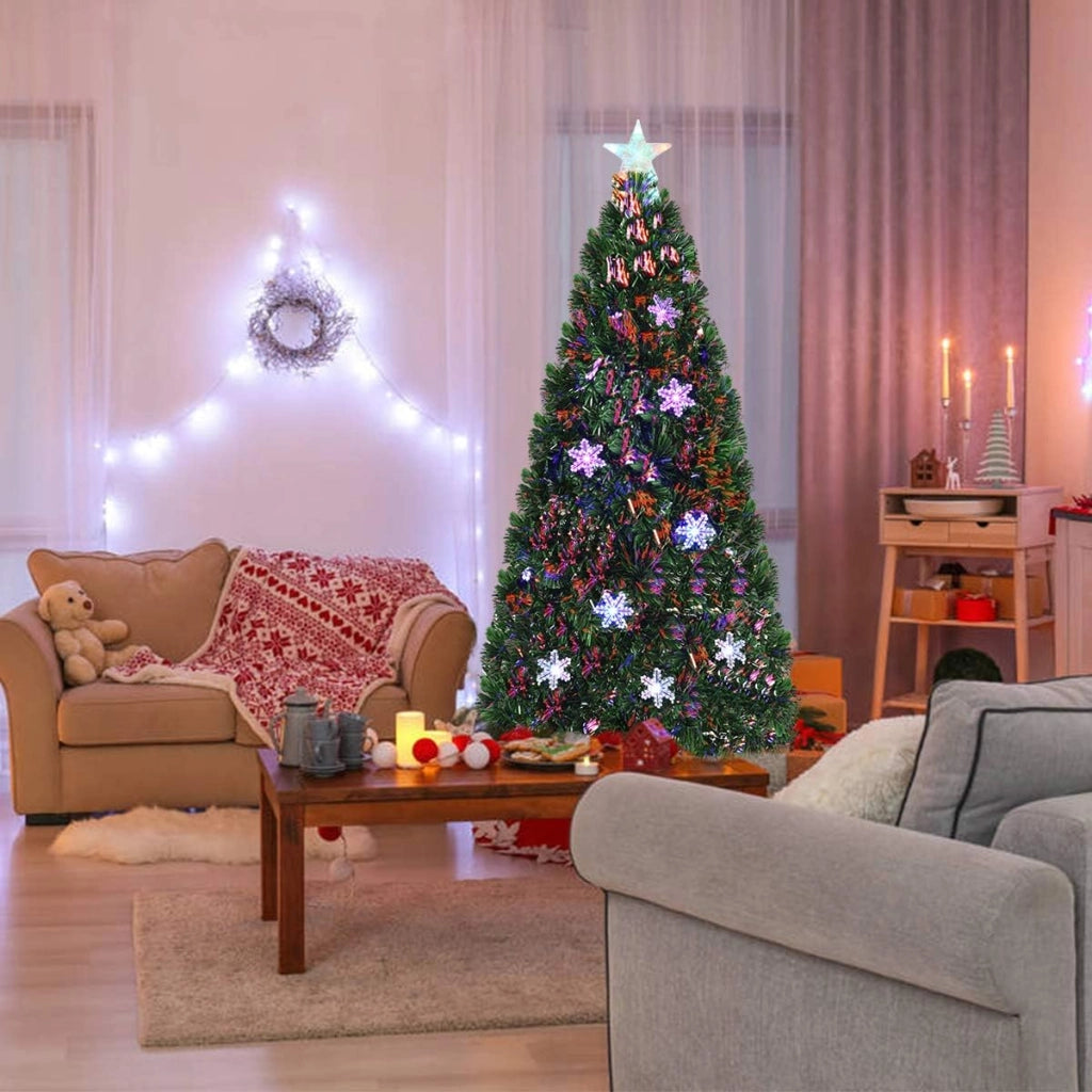 Albero di Natale 180 cm, con Luci LED, Rami Densi, Stelle Luminosi e Fibre Ottiche, Albero di Natale Realistico per Casa, Ufficio e Negozio, Verde (180 cm)