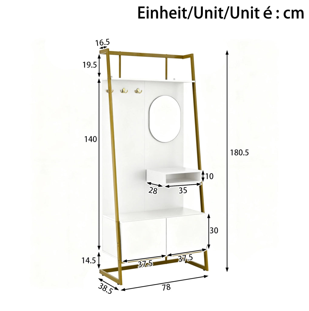 Mobile ingresso compatto con specchio; ganci e scarpiera; 78x38;5x180;5 cm; bianco in MDF