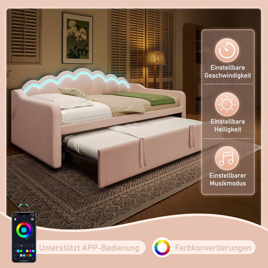 Letto estraibile 90 × 200 cm con secondo letto, LED regolabili, senza materasso, in velluto rosa