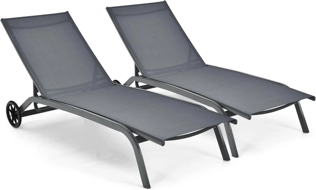Lettino Prendisole con Ruote, Sdraio da Giardino Regolabile in 6 Posizioni, Struttura Metallica e Tessuto Traspirante, per Giardino, Piscina e Spiaggia, Portata 150 kg (2, Grigio)