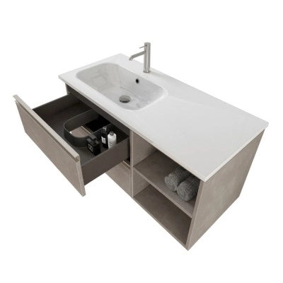 Mobile bagno sospeso 100 cm grigio cemento con cassetti e vani a giorno completo di lavabo a sinistra e specchio Master