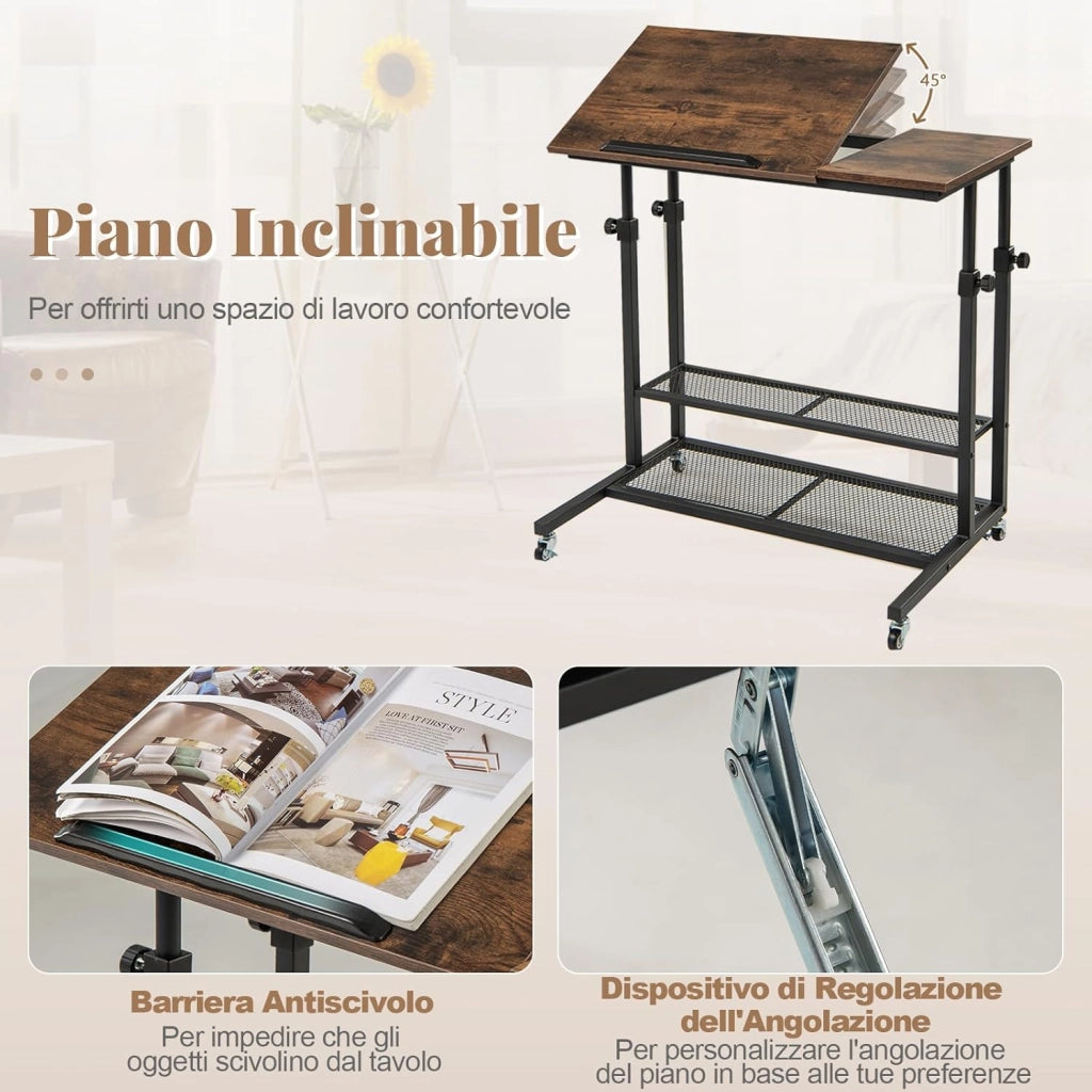 Tavolino da Divano e Letto, Tavolo Regolabile in Altezza con Ruote Bloccabili, Piano Inclinabile e Mensole Portaoggetti, Mobile Versatile per Salotto, Camera da Letto
