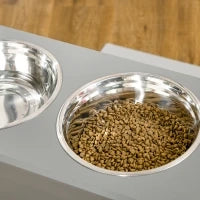 Ciotola rialzata per cani e gatti, 60L x 30P x 41H cm, 2 ciotole da 2L, maniglie e contenitore in legno, grigio