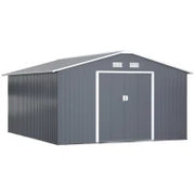 Casetta da Giardino 12.4m² con Fondazione, 4 Prese d'Aria e 2 Porte Scorrevoli, Capanno Porta Attrezzi in Lamiera d'Acciaio, 340x386x200 cm, Giallo