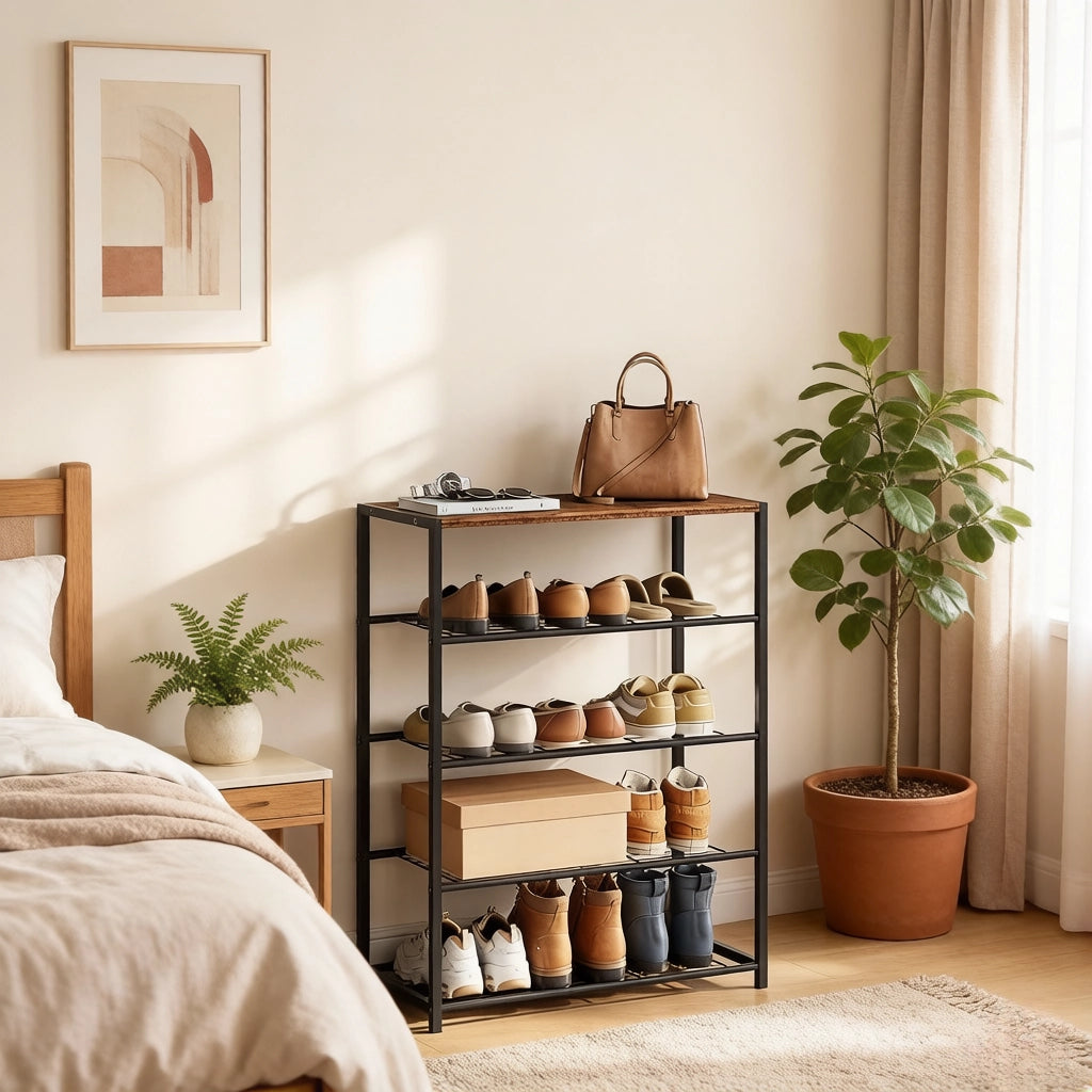 Scarpiera aperta a 4 ripiani in MDF e acciaio, stile industriale, 30 x 63 x 83 cm, nera/rustic brown