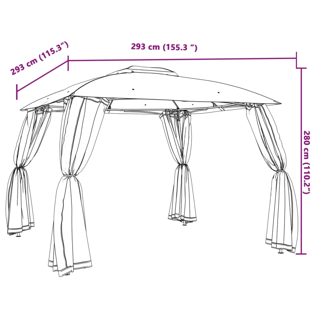 Gazebo con Tetto Doppio/Pareti Rete Tortora 2,93x2,93 m Acciaio