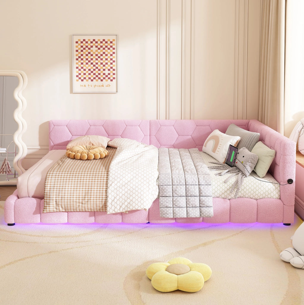 Divano letto 140x200 cm in velluto con LED; USB e Type-C; rosa