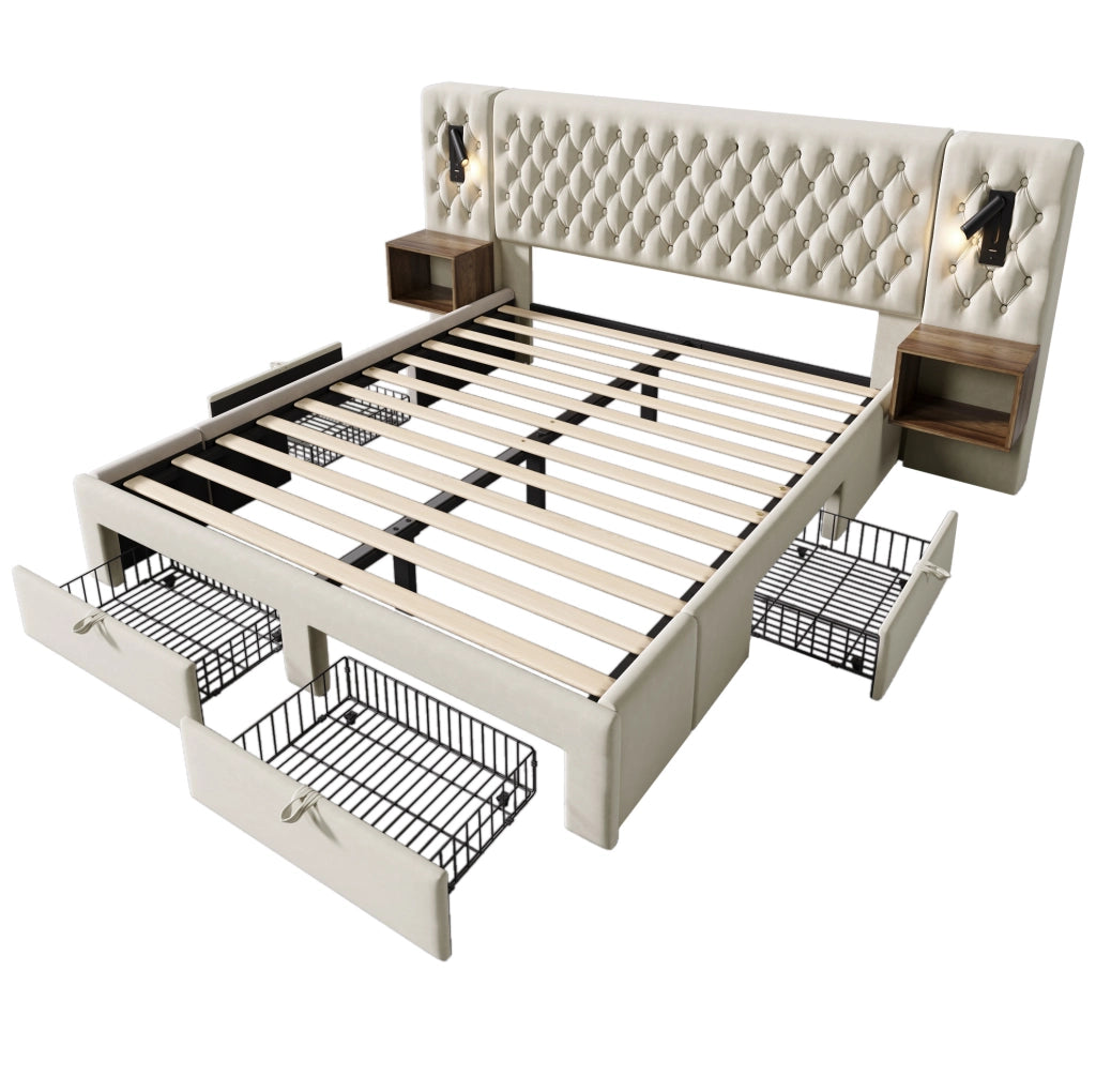 Letto matrimoniale 160x200 cm in velluto beige con 2 comodini; 4 cassetti e luci lettura USB Type C