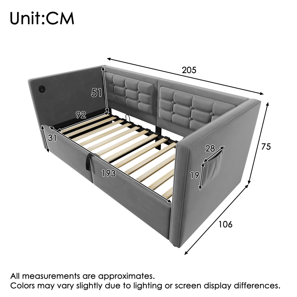 Divano letto idraulico 90x190 cm in velluto grigio con USB e Type-C; senza materasso