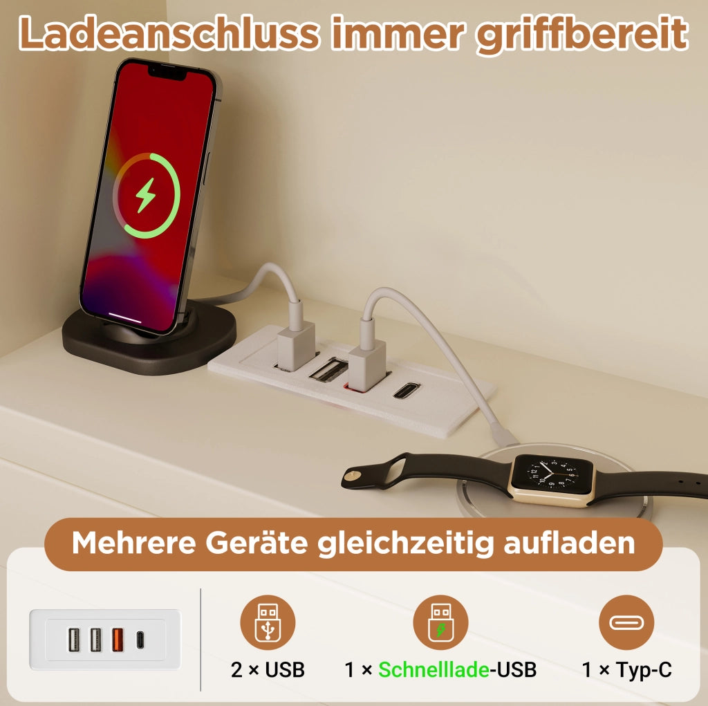 Divano letto contenitore idraulico bianco con USB e vano portaoggetti