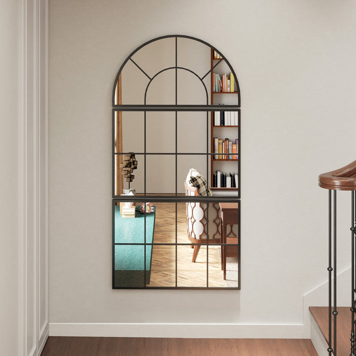 Specchio da Parete ad Arco Stile Finestra Telaio in Metallo Nero