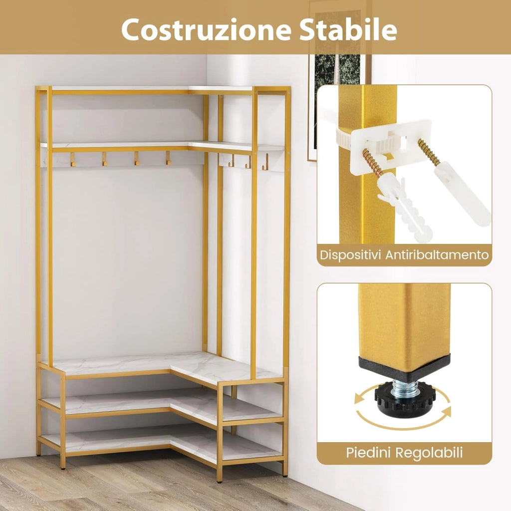 Stand Appendiabiti Angolare, Appendiabiti a Forma L con Ripiani Aperti 7 Ganci e Panca per Scarpe, Struttura in Metallo e Piedini Regolabili, 90x90x178 cm (Bianco)