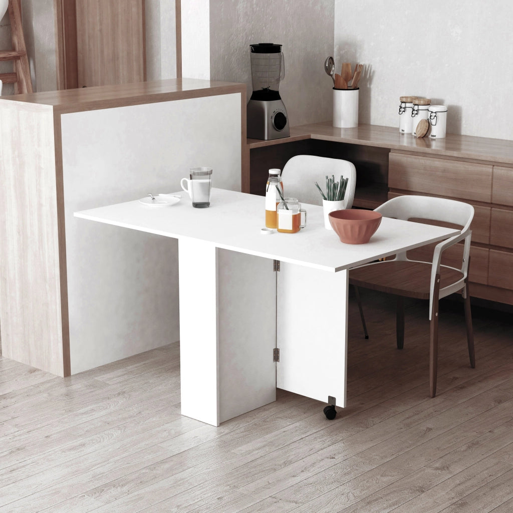 Tavolo Pieghevole Salvaspazio in Legno Bianco con Ruote