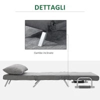 Poltrona Letto Singola con Schienale Regolabile su 5 Livelli e Cuscino, in Tessuto, Grigio Chiaro