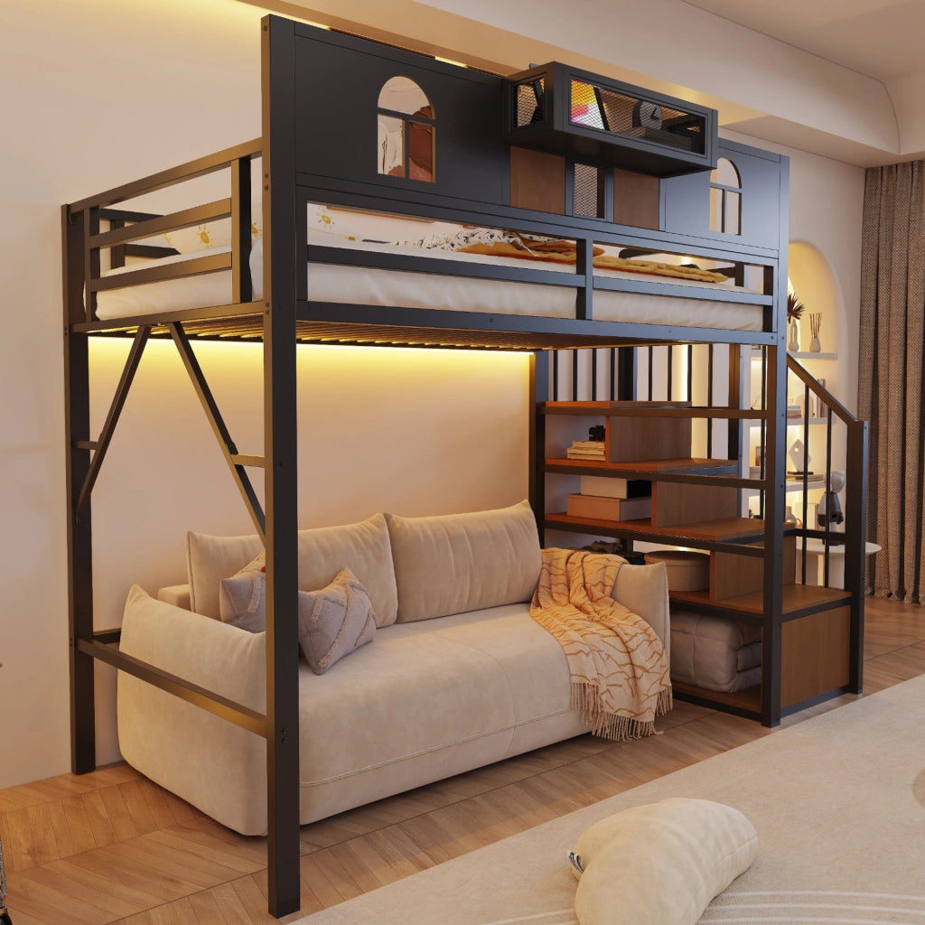 Letto a soppalco in metallo 90 x 200 cm con scala contenitore, mensola, illuminazione e struttura in MDF e metallo, nero