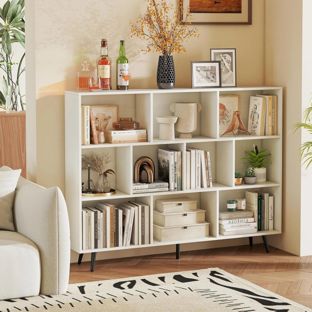 Libreria a 10 Cubi, Organizzatore di Stoccaggio Moderno con 5 Gambe di Metallo, Scaffale per Esposizione con 2 Kit Anti-Ribaltamento per Soggiorno Studio Camera da Letto, Bianco (140x24x107cm)