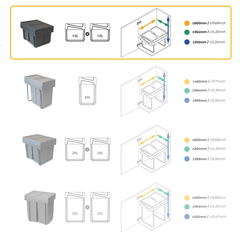Kit di contenitori per la raccolta differenziata per cassetti da cucina Recycle Altezza Recycle 266 mm, 1x15 lt, 2x7 l..