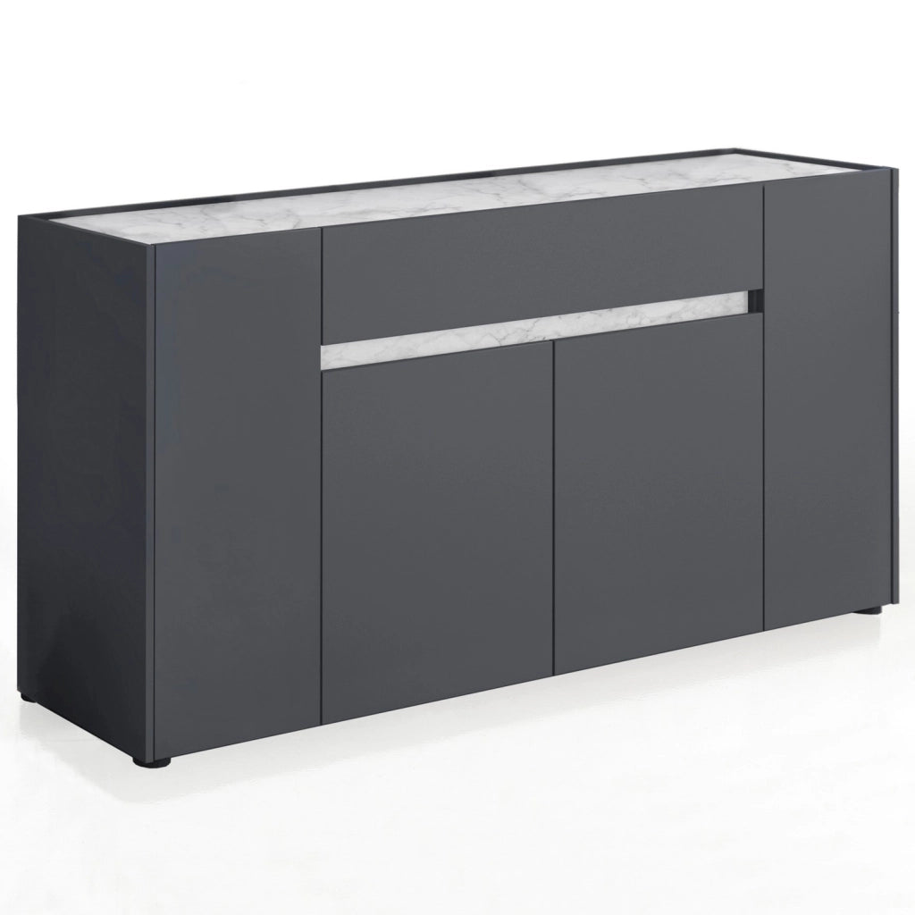 Credenza Moderna Con 4 Ante E 1 Cassetto Contenitore Senza Maniglie Per Sala Da Pranzo Zona Living E Soggiorno 170 X 85 X 40 Cm Grigio Scuro E Bianco Effetto Marmo