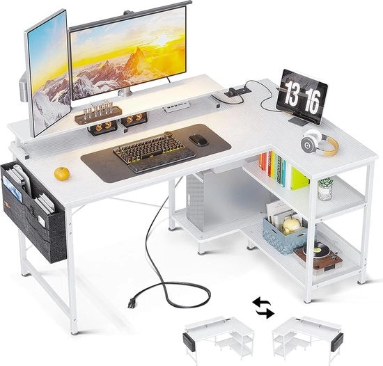 Scrivania a L con porta USB e prese, scrivania angolare, gaming con pannelli, rovesciabile, scrivania a L con sostegno per monitor per ufficio, ufficio domestico (120 x 80 x 88 cm, bianca)