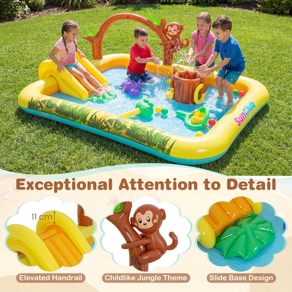 Piscina Gonfiabile per Bambini, Piscinetta Fuori Terra con Scivolo, Giocattoli di Scimmia, Ippopotamo e Anatra, Parco Gioco Acquatico Esterno per Giardino e Cortile, per Bambini 2-6 Anni